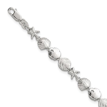 "Sterling Silver Polished Textured Starfish, Sand Dollar, and Sea Shell 7.25 inch Bracelet"