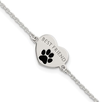 Sterling Silver Polished Black Enamel Pawprint Heart BEST FRIEND 7.5 inch Bracelet
