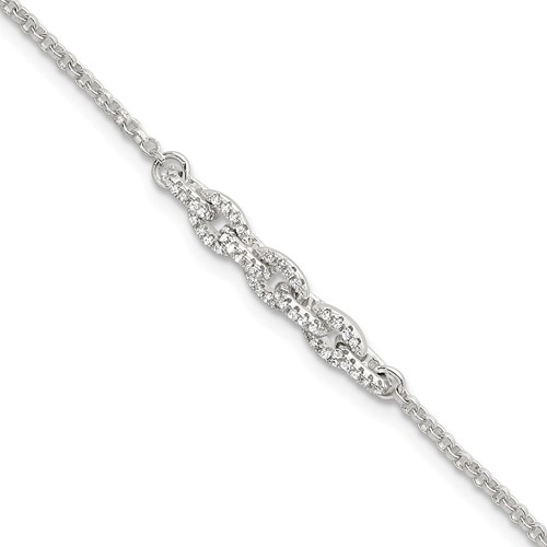 Sterling Silver Polished CZ Cable Link 6.75 Inch with .5 Inch Ext Bracelet