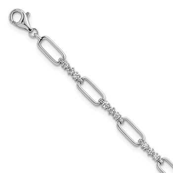 Sterling Silver Rhodium-plated Polished CZ and Paperclip Link 7 Inch with 1 Inch Extension Bracelet