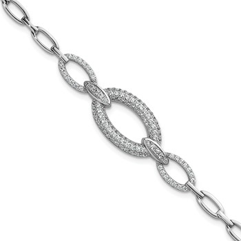 Sterling Silver Rhodium-plated Polished CZ Oval Link 7 inch Bracelet