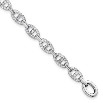 Sterling Silver Rhodium-plated Polished CZ Anchor/Mariner Link 7.25 inch Bracelet