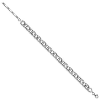 Sterling Silver Rhodium-plated Polished CZ 8.00mm Curb Link 7 Inch with 1.5 Inch Extension Bracelet — alternate view