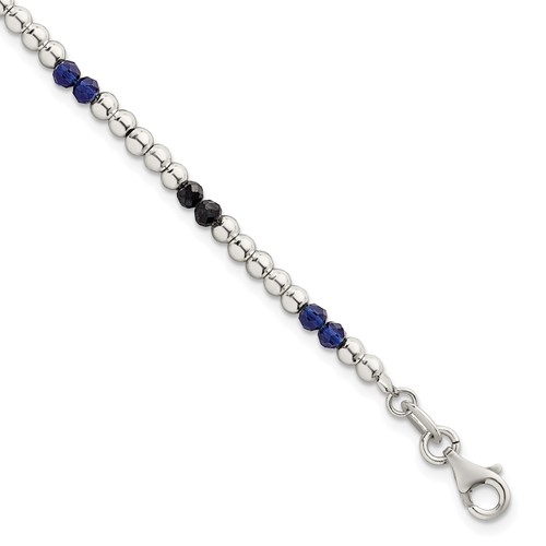 Sterling Silver Polished Blue Agate and Spinel Beaded Bracelet