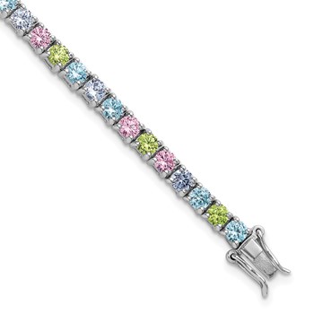 "Sterling Silver Rhodium-plated Polished Pastel Green, Pink, Blue and Purple CZ 7.25 inch Bracelet"