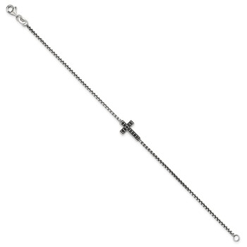 Sterling Silver Polished and Antiqued Black CZ Cross 7.5 inch Bracelet — alternate view