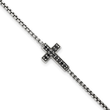 Sterling Silver Polished and Antiqued Black CZ Cross 7.5 inch Bracelet