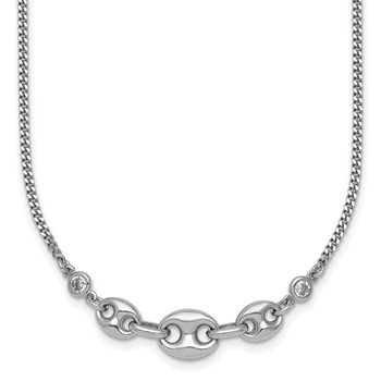 Sterling Silver Rhodium-plated Puffed Mariner Center with Side CZs 16 inch with 2 inch Extender Necklace