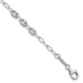 Sterling Silver Puffed Anchor/Mariner Link and Chain 8 inch Bracelet