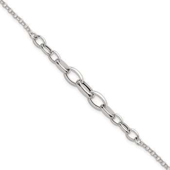 Sterling Silver Polished Fancy Graduated Cable Link 7 Inch with 1 Inch Extension Bracelet