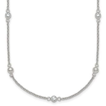 Sterling Silver Polished and Beaded CZ 16.75 inch with 0.5 inch Extension Necklace