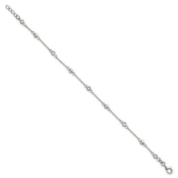 Sterling Silver Polished and Beaded CZ 6.75 inch with 0.5 inch Extension Bracelet — alternate view