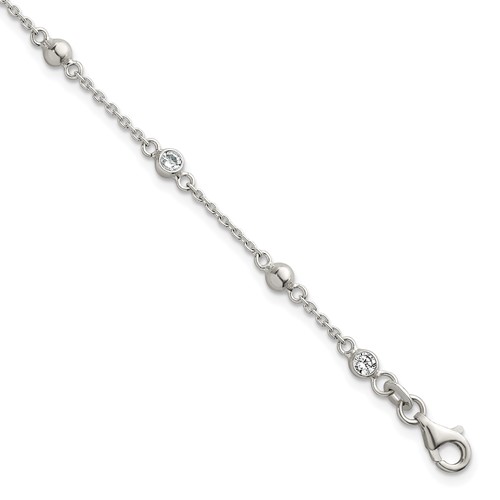 Sterling Silver Polished and Beaded CZ 7in w/.5in Ext Bracelet