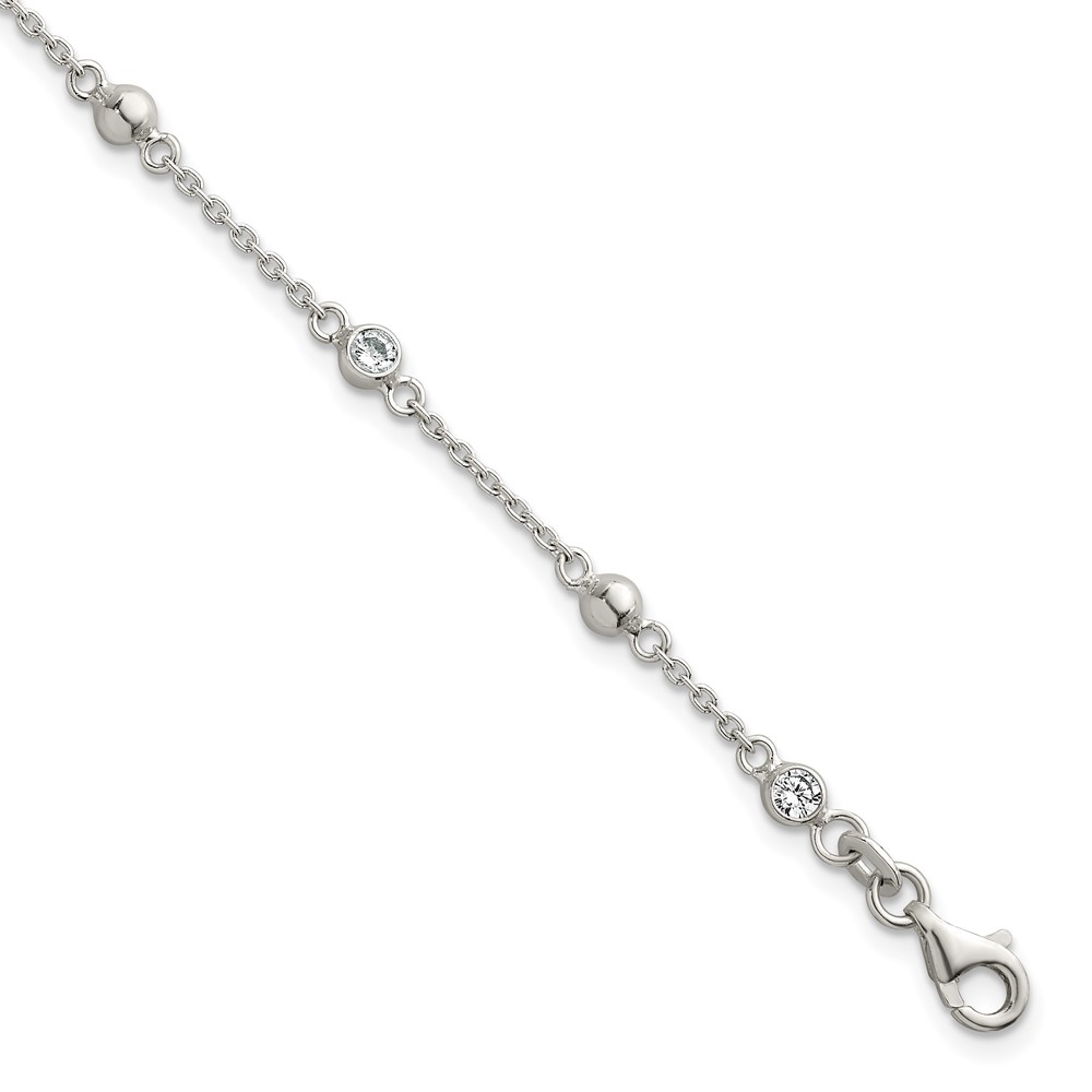 Sterling Silver Polished and Beaded CZ 7in w/.5in Ext Bracelet
