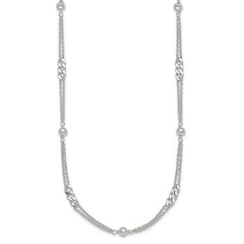 Sterling Silver Polished and Beaded Fancy Double-Strand Link 17.5 inch Necklace — alternate view