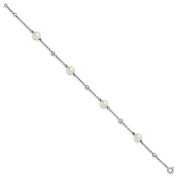 Sterling Silver Rhodium-plated Polished CZ and Shell Pearl 8-Station 7 inch with 0.5 inch Extender Bracelet — alternate view