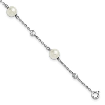 Sterling Silver Rhodium-plated Polished CZ and Shell Pearl 8-Station 7 inch with 0.5 inch Extender Bracelet