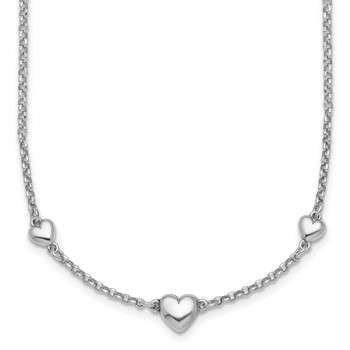 Sterling Silver Rhodium-plated Polished Three Puffed Hearts 16 inch with 2 inch Extender Necklace