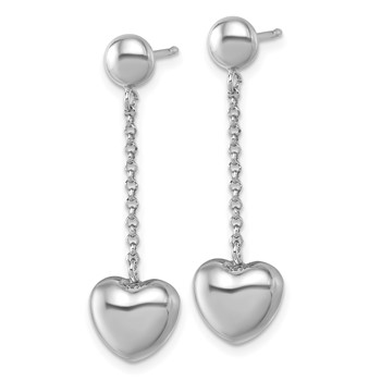 Sterling Silver Rhodium-plated Polished Puffed Heart Post Dangle Earrings — alternate view