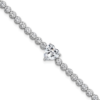 Sterling Silver Rhodium-plated Polished Round and Heart CZ 7.25 Inch Bracelet