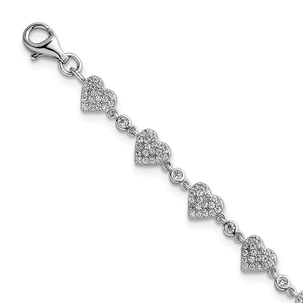 Sterling Silver RH-plated Polished Pave CZ Hearts 7in w/1in Ext Bracelet