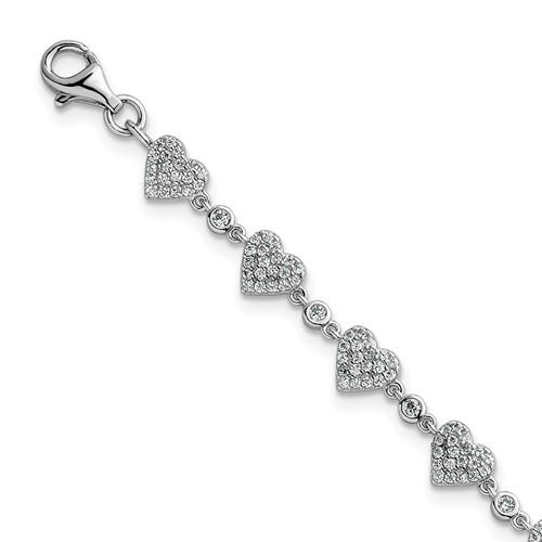 Sterling Silver RH-plated Polished Pave CZ Hearts 7in w/1in Ext Bracelet