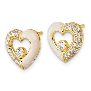 Sterling Silver Gold-tone Polished CZ and Champagne Enamel Open Heart Post Earrings — alternate view