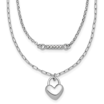 Sterling Silver Rhodium-plated CZ Puffed Heart 16 inch with 2 inch extender 2-strand Necklace