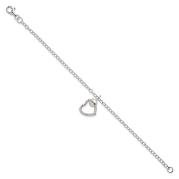 Sterling Silver Polished and Twisted Heart Dangle 7.5 Inch Cable Chain Bracelet — alternate view