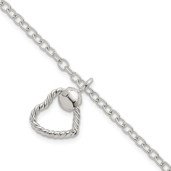 Sterling Silver Polished and Twisted Heart Dangle 7.5 Inch Cable Chain Bracelet