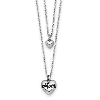 Sterling Silver Rhodium-plated Two-Strand Black Enameled MOM Puffed Heart and Small Heart 16 inch with 1 inch extension Necklace