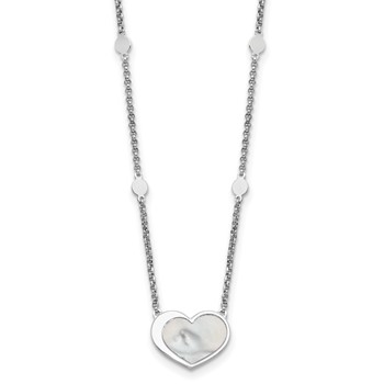 Sterling Silver Rhodium-plated Mother of Pearl Heart 16 inch with 1 inch extension Station Necklace