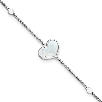 Sterling Silver Rhodium-plated Mother of Pearl Heart 6.5 inch with 1 inch extension Bracelet