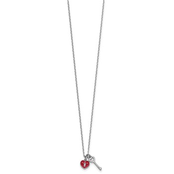 Sterling Silver Rhodium-plated Red Enameled Heart Lock and Key 16 inch with 1 inch extension Necklace — alternate view