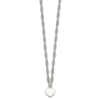 Sterling Silver Polished Fancy Engravable Heart Disc on Rope Chain 16 Inch with 2 Inch Extension Necklace — alternate view
