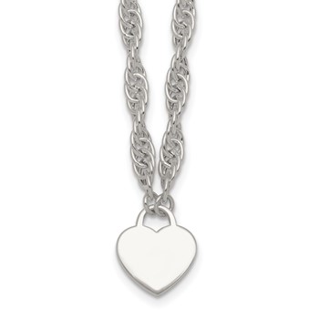 Sterling Silver Polished Fancy Engravable Heart Disc on Rope Chain 16 Inch with 2 Inch Extension Necklace