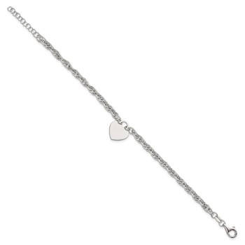 Sterling Silver Polished Fancy Engravable Heart Disc on Rope Chain 7 Inch with 1 Inch Extension Bracelet — alternate view