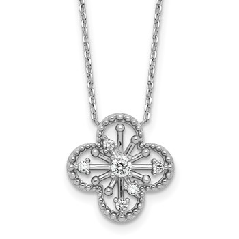 Sterling Silver Rhodium-plated CZ Textured Clover Shape 16 inch with 1.25 inch Extension Necklace