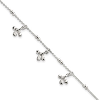 Sterling Silver Polished and Beaded with Three Leaf Dangles 7 inch with 1 inch Extension Bracelet