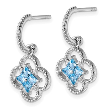 Sterling Silver Rhodium-plated Blue CZ Textured Removeable Clover J-Hoop Post Dangle Earrings — alternate view