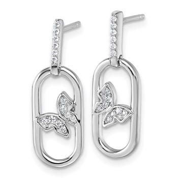 Sterling Silver Rhodium-plated CZ Oval Dangle With Butterfly Post Earrings — alternate view