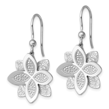 Sterling Silver Rhodium-plated Polished Brushed and Textured Flower Shepherd Hook Dangle Earrings — alternate view