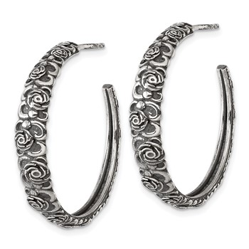 Sterling Silver Antiqued Graduated Floral 5.75 x 32mm C-Hoop Post Earrings — alternate view