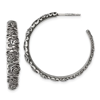 Sterling Silver Antiqued Graduated Floral 5.75 x 32mm C-Hoop Post Earrings