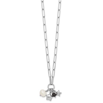 Sterling Silver Rhodium-plated Stars and White Freshwater Cultured Pearl and Black Acrylic Bead 17.75 inch with 2 inch Extender Paperclip Necklace — alternate view