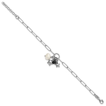 Sterling Silver Rhodium-plated Stars and White Freshwater Cultured Pearl and Black Acrylic Bead 6.75 inch with 1 inch Extender Paperclip Bracelet — alternate view