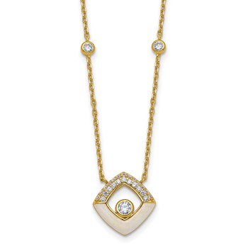 Sterling Silver Gold-tone CZ and Champagne Enamel Square 16 inch with 1.5 inch Extension Necklace