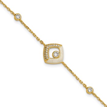 Sterling Silver Gold-tone CZ and Champagne Enamel Square 7 inch with 0.5 inch Extension Bracelet