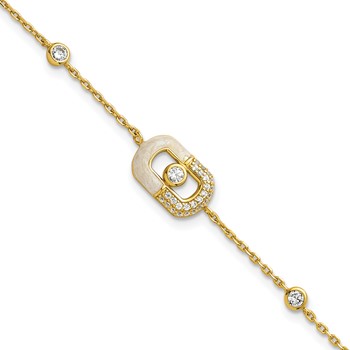 Sterling Silver Gold-tone CZ and Champagne Enamel Rectangle 7 inch with  0.5 inch Extension Bracelet