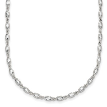 Sterling Silver Polished Oval Bezel CZ 16 Inch with 2 Inch Extension Necklace